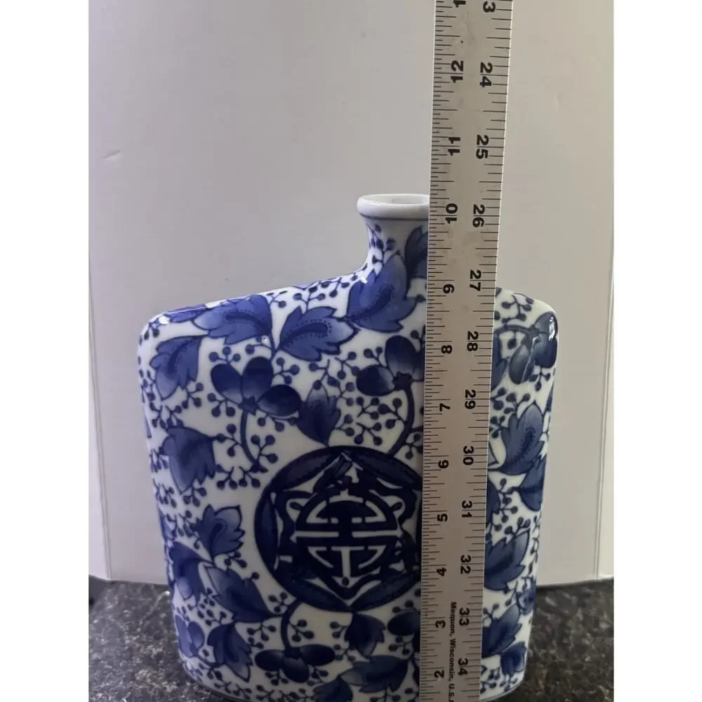 Vintage Blue White Floral Porcelain Flat Vase Asian Chinoiserie Decor- Unique